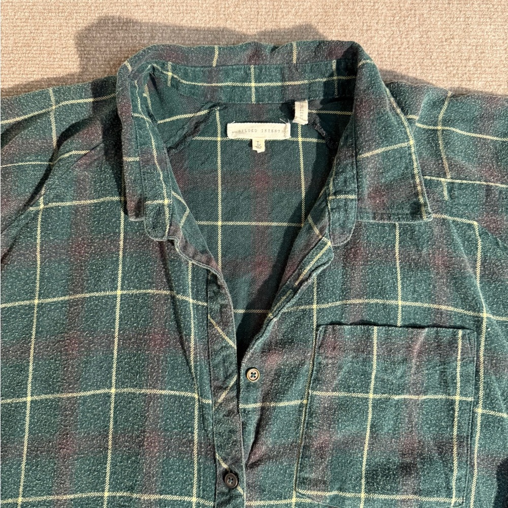 Gilded Intent Buckle Faded Wash Plaid Flannel Button-Down Shirt Raw Hem Large - Picture 7 of 10